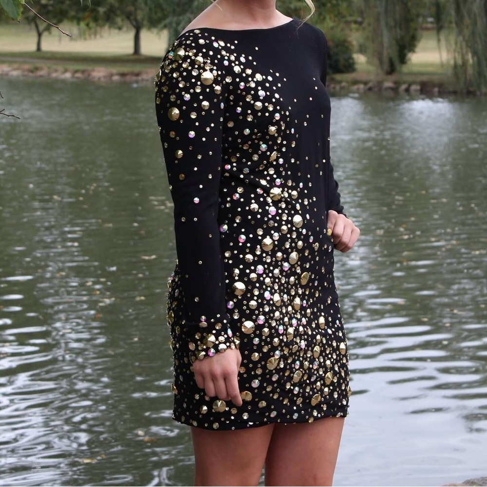 Homecoming Gorgeous gold bling black dress long sleeve size 11/12
